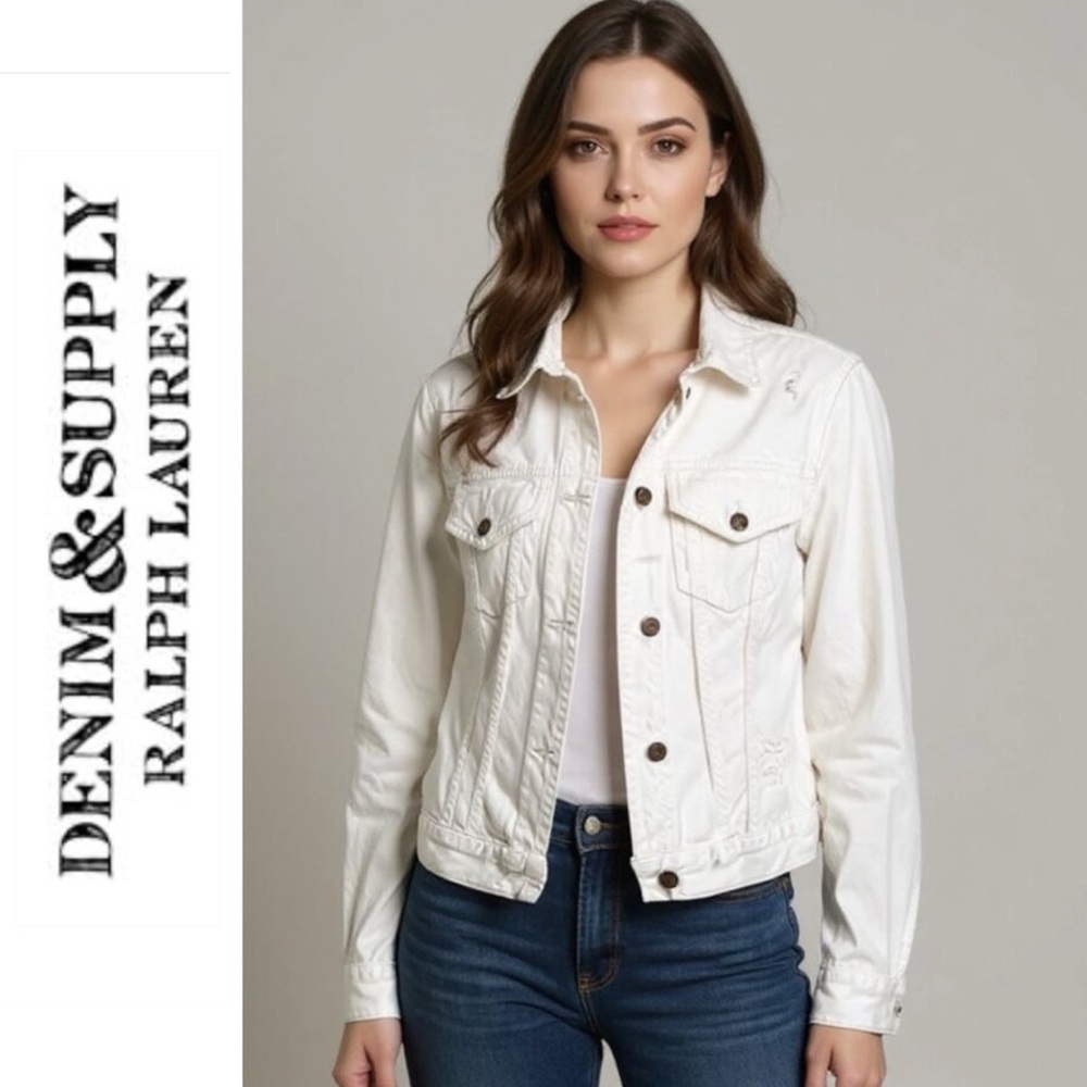 Ralph Lauren DENIM & SUPPLY White Distressed Cropped Denim Jean Jacket Size XS
